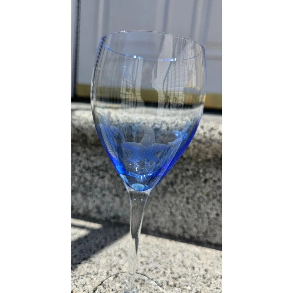 Set of 3 Wine Glasses Cobalt Blue Etched Nautical Theme Starfish Jellyfish 9.25